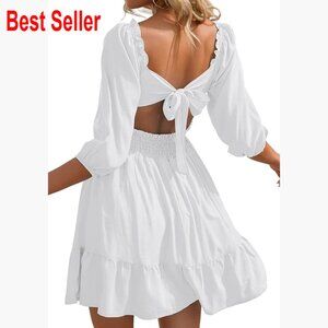 Polyester Summer Tie Back Dress Square Neck Lantern Sleeve Off Shoulder Mini